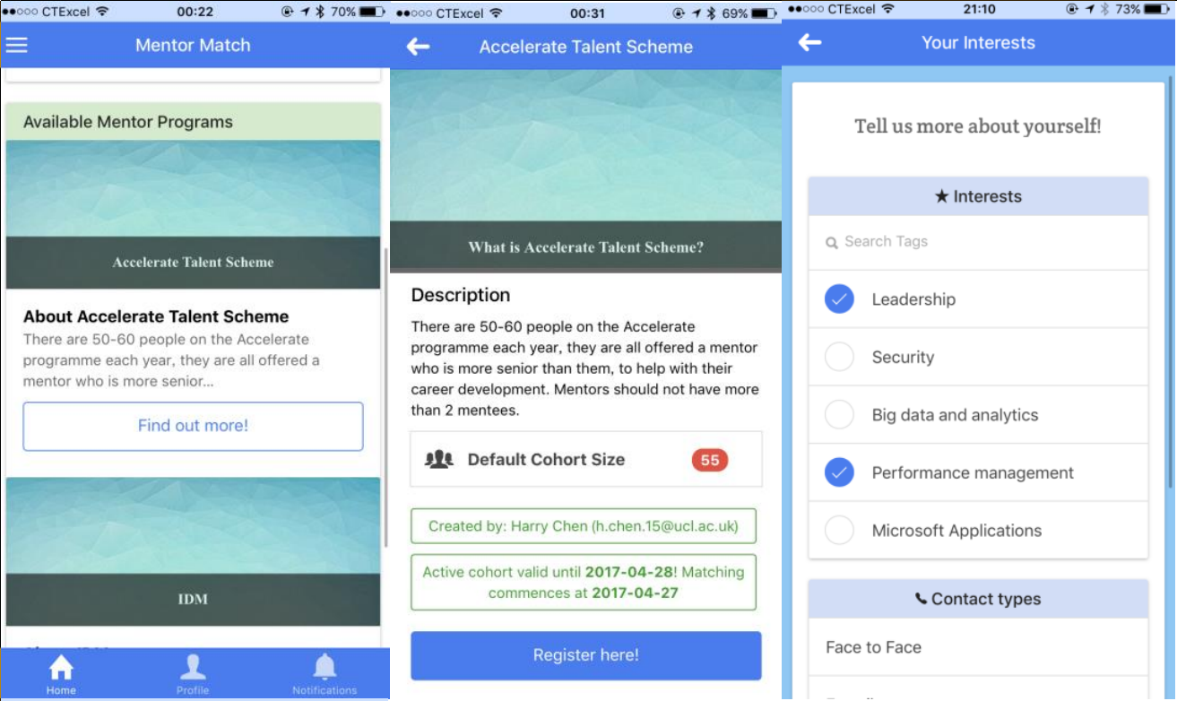 Three screenshots showing the mentor matching app. Left: The home screen showing available programs. Middle: A page showing information about a certain program. Right: The signup page for the program