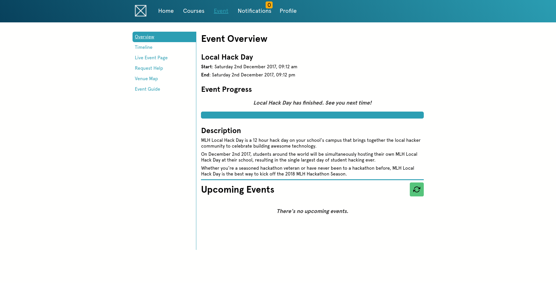 Omnidash screenshot, showing the event detail page with event info and a list of the upcoming schedule