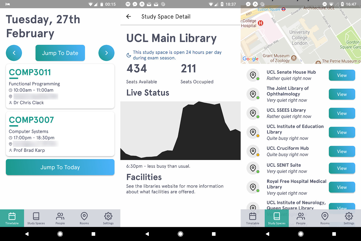 Screenshots of UCL Assistant, showing (left to right): user's timetable for a given date, how many desks in a given library are free (along with a history data chart), and a list of all of the study spaces with an indicator showing how busy they are